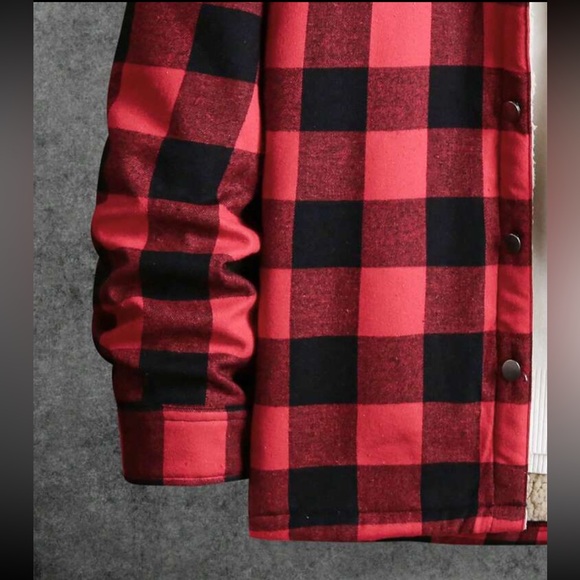 Buffalo Plaid Print Borg Collar Flap Pocket Jacket - Picture 4 of 9